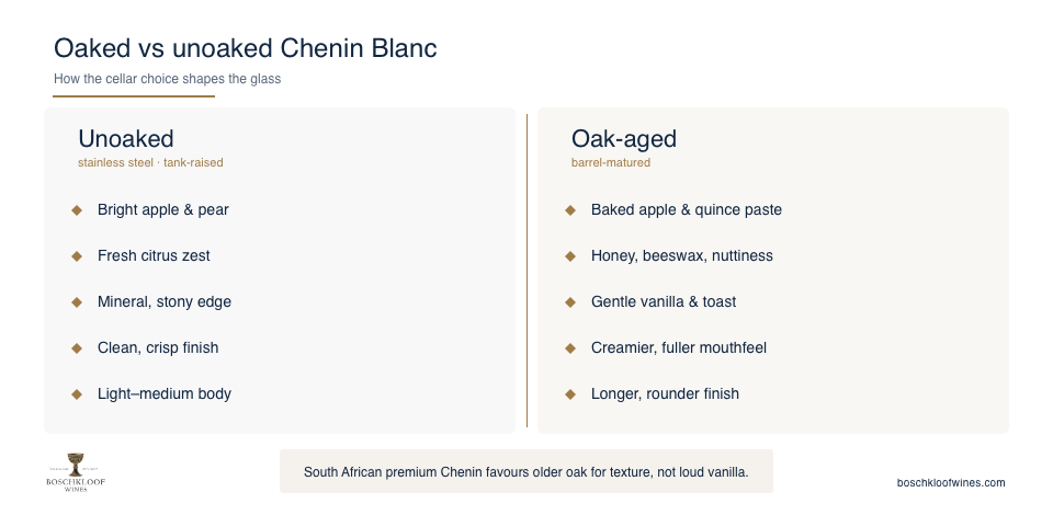 A comparison of unoaked and oak-aged Chenin Blanc, with unoaked showing bright apple, pear, citrus and a clean light-bodied finish, against oak-aged showing riper baked apple and quince paste, honey, beeswax, vanilla and a creamier, fuller, longer finish, noting that South African premium Chenin favours older oak for texture over loud vanilla.